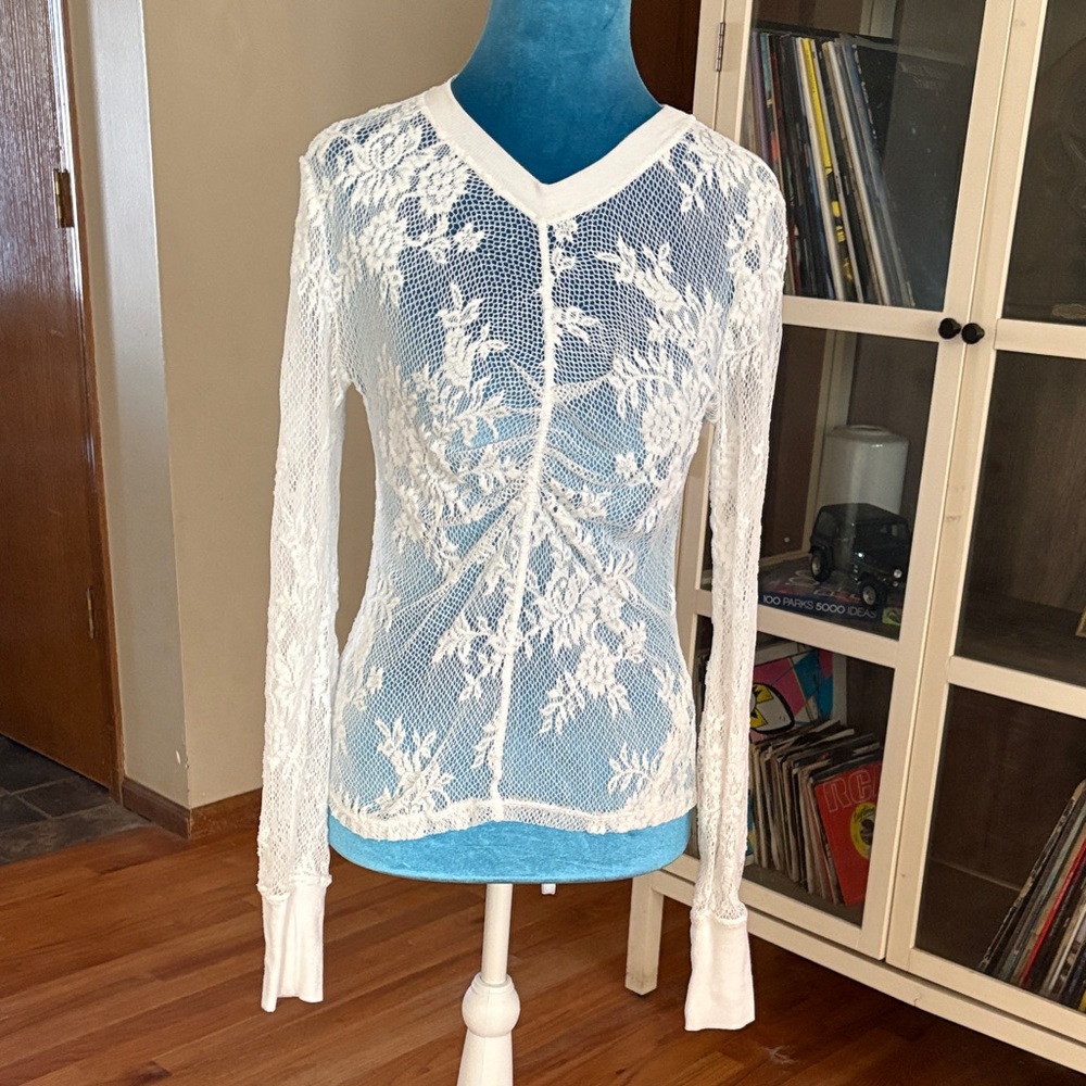 Free People White Sheer Floral Lace V-Neck Long Sleeve Top